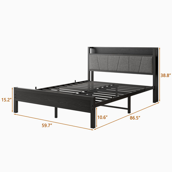 English Elm Queen Upholstered Storage Bed Frame with Charging Station, 11 Metal Slats, No Box Spring Needed W840P195212