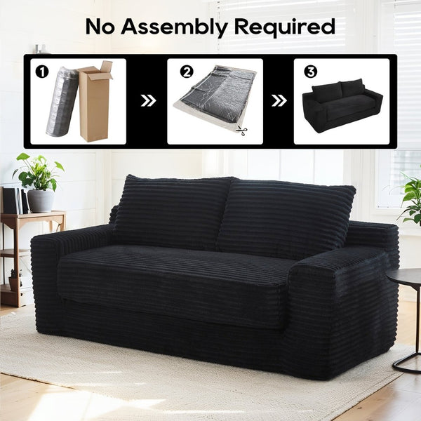 English Elm Loveseat Convertible Corduroy Sofa Bed with Memory Foam Steel Frame for Small Spaces Black W2959P425090