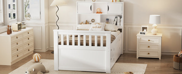 English Elm Twin Captain Platform Bed with Bookcase Headboard Four Drawers Pine Mdf Frame White GX001828AAK-1