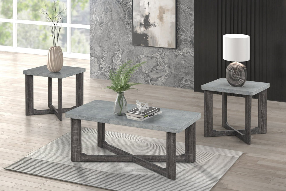 English Elm 3pc Faux Marble Top Coffee and End Table Set with Cross-leg Base in Gray B011P427925