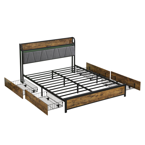 English Elm Queen Storage Bed Frame with Headboard USB Outlets, RGB LED Lights, 4 Rolling Drawers, Sturdy Metal Slats W2297P218132
