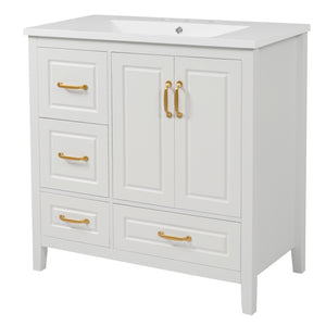English Elm Christopher Knight Home® - 36" Freestanding Bathroom Vanity with Resin Sink, Soft-Close Doors & Drawers, Gold Alloy Handles, Spacious Storage and Easy Plumbing Access White N759P292552K