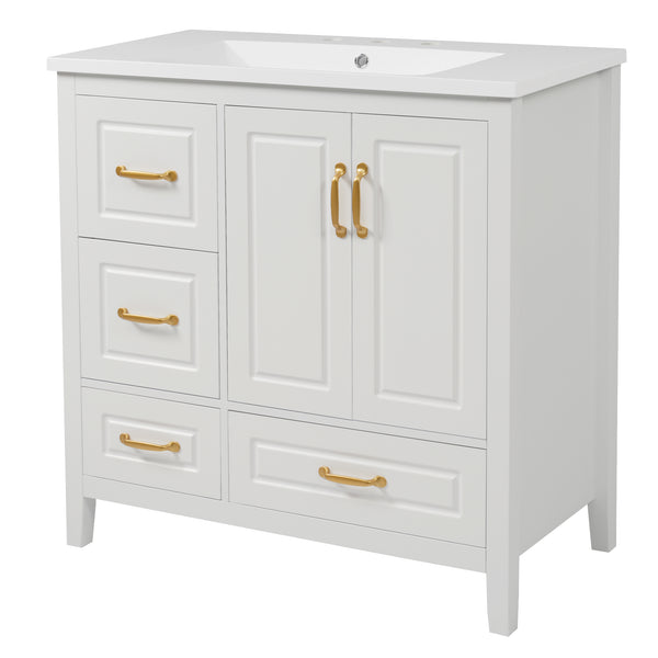 English Elm Christopher Knight Home® - 36" Freestanding Bathroom Vanity with Resin Sink, Soft-Close Doors & Drawers, Gold Alloy Handles, Spacious Storage and Easy Plumbing Access White N759P292552K