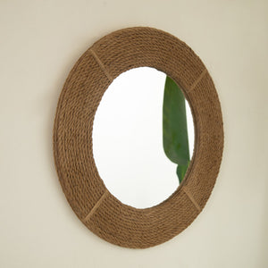 English Elm 24'' Breeza Mirror Hand‑Woven Hemp Frame Round Bamboo Wall Mirror Earth Yellow Rustic Chic Decor W2615P346490