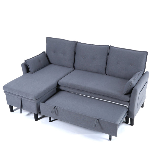 English Elm L-Shaped Reversible Chaise Sectional Sofa with Storage and Fold-Out Bed Cotton-Linen Modern Design DARK GREY W3371S00025