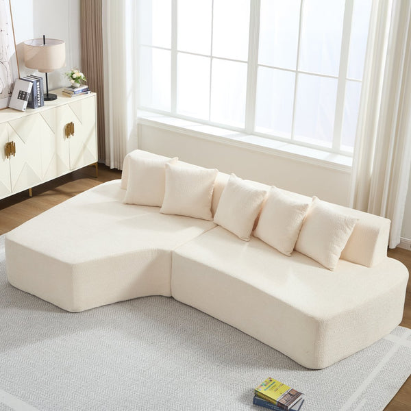 English Elm Compression Sectional Couch with Corduroy Upholstery, Deep-Seated Modular L-Shaped Sleeper Sofa, No-Assembly Comfort and Stability Ivory W1249S00005