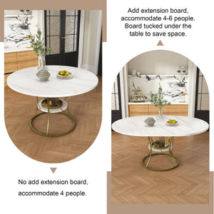 English Elm 43 Inch Expandable Round Dining Table Walnut Veneer Seats Six with Metal Storage Shelf Walnut+Gold W2700P411581