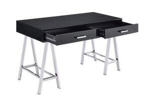 English Elm Coleen Sleek Black High-Gloss Writing Desk with Chrome Base, Built-In USB & Dual Drawers, Modern Home Office B2726P278572