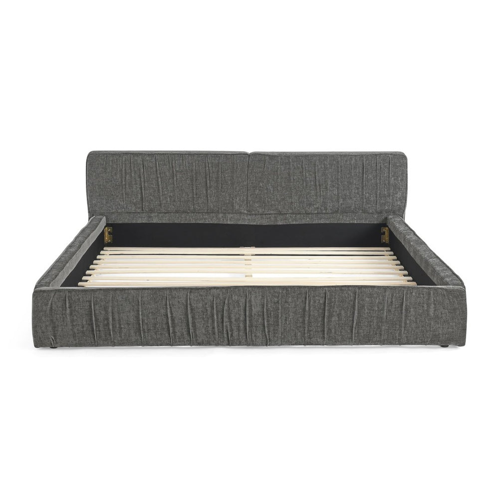 English Elm Queen Upholstered Bed Frame In Soft Grey Chenille With Pleated Design – No Box Spring Needed! W487S00337-GIGA