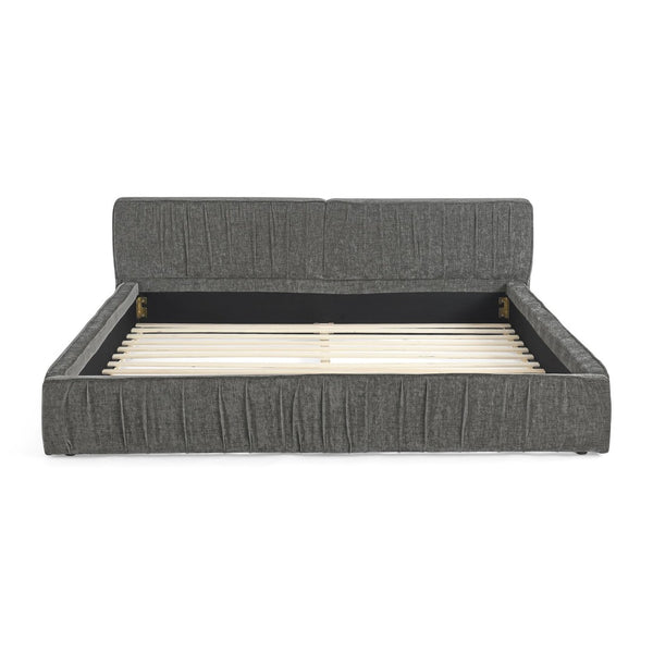 English Elm Queen Upholstered Bed Frame In Soft Grey Chenille With Pleated Design – No Box Spring Needed! W487S00337-GIGA