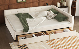 English Elm Queen Upholstered Platform Bed with Linen, 2 Storage Drawers & USB Ports, Beige, Sturdy 600lb Capacity DL000586AAA