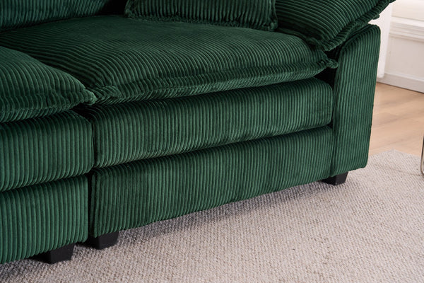 English Elm Corduroy Plush 2-Seat Sofa with 2 Back Cushions, Toss Pillows & Ottomans — Deep Seat Comfort Green W2363S00065