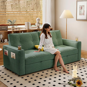 English Elm SOMNUS Convertible Sofa Bed with Corduroy Upholstery, Space-Saving 2-in-1 Design, Durable Steel Frame Green W3820S00011