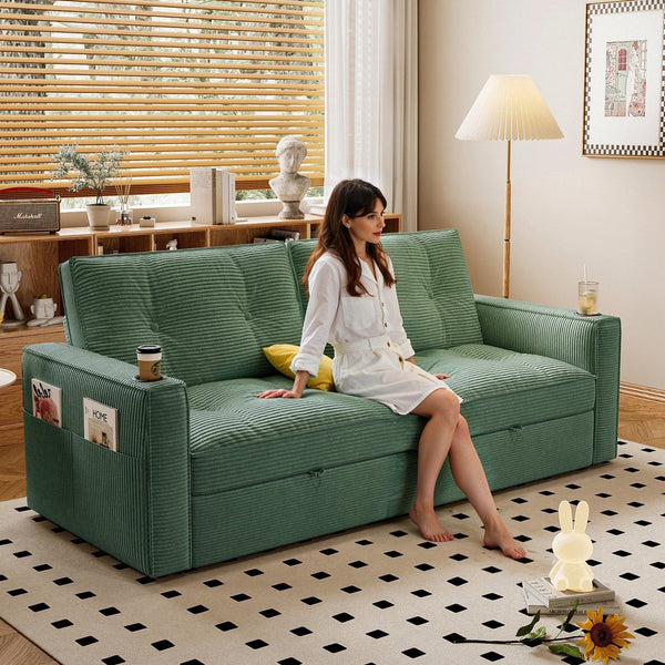 English Elm SOMNUS Convertible Sofa Bed with Corduroy Upholstery, Space-Saving 2-in-1 Design, Durable Steel Frame Green W3820S00011