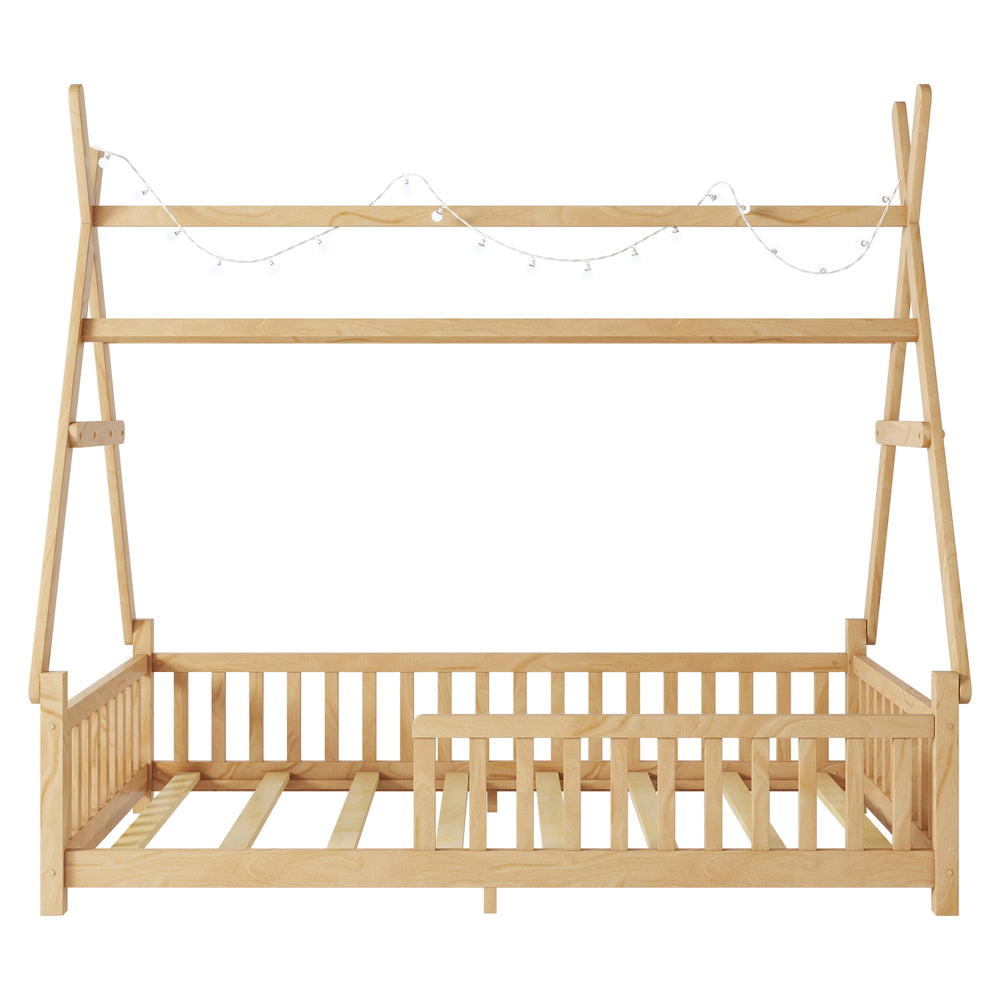 English Elm Twin House Bed with Roof and Guardrails, Low Floor Kids Playhouse Bed with Tent and Lights, Cozy Design Natural 80.91 L x 15.55 W x 6.5 H W2593P296911
