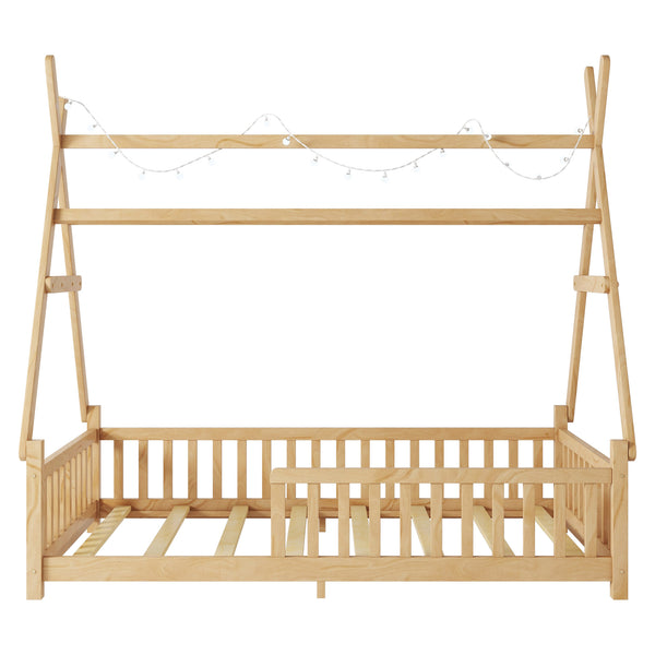 English Elm Twin House Bed with Roof and Guardrails, Low Floor Kids Playhouse Bed with Tent and Lights, Cozy Design Natural 80.91 L x 15.55 W x 6.5 H W2593P296911