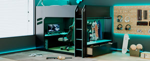 English Elm Full Size Loft Bed with Rgb Lighting Desk Drawers Hanging Rod Teen Bedroom Blue LT000288AAC-1
