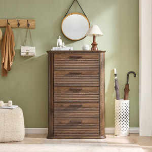 English Elm 6 Drawer Tall Fluted Chest with Waveform Fronts Slim Wooden Storage for Modern Bedroom Walnut T5326P425092