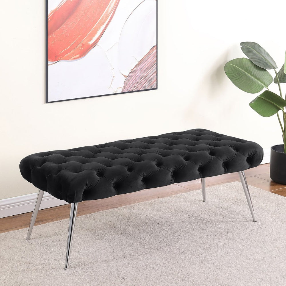 English Elm Galiano Velvet Button Tufted Bench with Polished Steel Legs for Bedroom Entryway Black B062P441132
