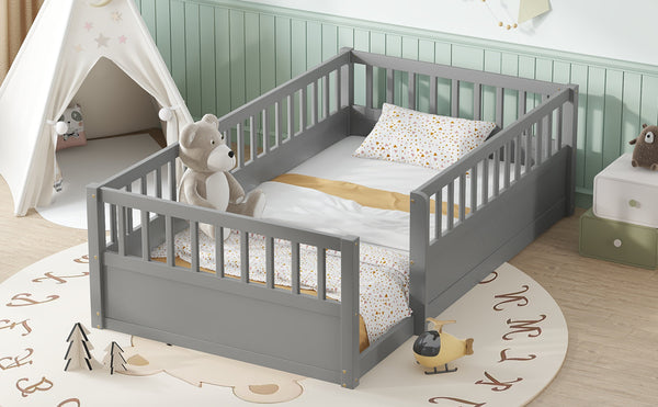 English Elm Twin Montessori Floor Bed Frame for Kids – Pine Playroom Bed with Fence for Reading & Imaginative Play Gray W1580P307881