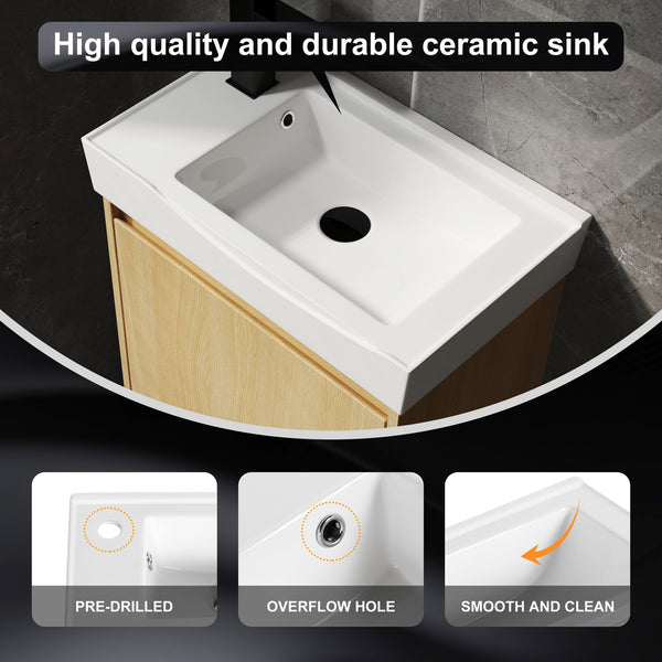 English Elm 20" Wall-Mounted Bathroom Vanity With Ceramic Sink - Stylish Oak Finish, Compact Storage Solution W1972P196394
