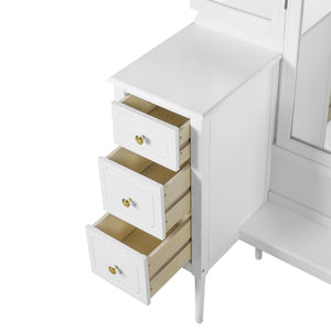 English Elm Antique Glam Vanity Desk with Triple Mirror, Stool & 6 Drawers, Full‑Length Mirror, White Elegance N844P285297A