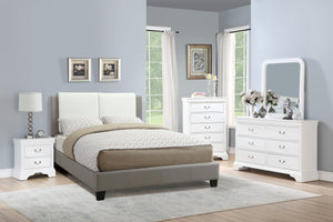 English Elm CAL-KING Faux Leather Bed in White & Grey, Upholstered Headboard 46"H, Wood Frame, Modern Luxe Finish B089S00124