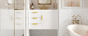 English Elm 30" Wall Mounted Bathroom Vanity with Ceramic Basin Sink, Floating Storage, Soft-Close Doors, Modern Elegance White N710P324096K