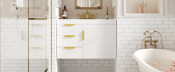 English Elm 30" Wall Mounted Bathroom Vanity with Ceramic Basin Sink, Floating Storage, Soft-Close Doors, Modern Elegance White N710P324096K
