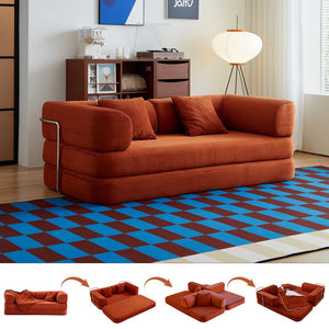 English Elm Floor Floor Couch Convertible 5-in-1 Corduroy Sofa Bed with Pillow-to-Blanket, Reinforced Frame Red W3565P354958