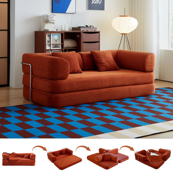 English Elm Floor Floor Couch Convertible 5-in-1 Corduroy Sofa Bed with Pillow-to-Blanket, Reinforced Frame Red W3565P354958