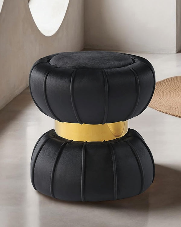English Elm Contemporary Plush Pleated Round Ottoman Stool with Gold Trim Base, Velvet-Like Accent Seat for Living Room Black 17 L x 17 W x 19 H B2741P388361