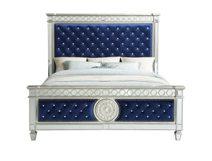 English Elm Varian Queen Bed Blue Velvet Tufted Frame with Mirrored Panels Geometric Glam Detail B2726S00575