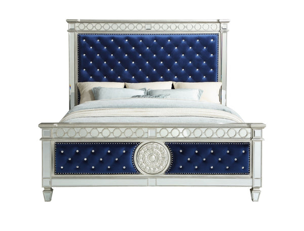 English Elm Varian Queen Bed Blue Velvet Tufted Frame with Mirrored Panels Geometric Glam Detail B2726S00575