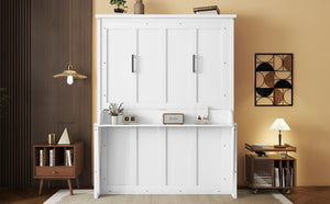 English Elm Queen Murphy Wall Bed with Integrated Desk Gas Strut Lift White Cabinet for Small Spaces White W504S00216