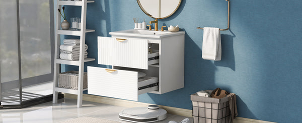 English Elm Modern 24-Inch Wall-Mounted Bathroom Vanity with 2 Drawers, Gold Handles, Space-Saving Luxury White WF324047AAK