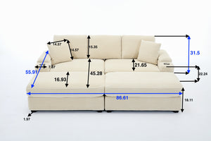 English Elm Corduroy Upholstered Chaise Lounge Sofa with Movable Ottoman, Cup Holder, Deep Seat Comfort Beige W2120S00008