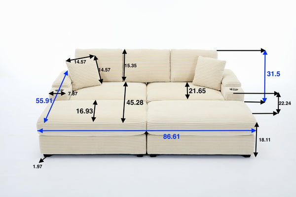 English Elm Corduroy Upholstered Chaise Lounge Sofa with Movable Ottoman, Cup Holder, Deep Seat Comfort Beige W2120S00008