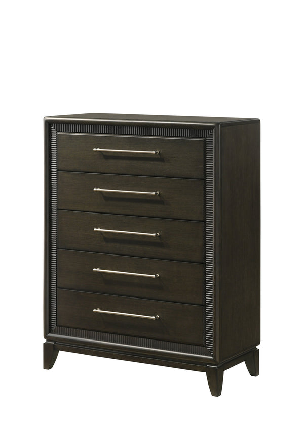 English Elm 1pc Dark Brown Chest 5-Drawer Dresser with Bar Handles & Tapered Feet, 37.3"x17.4"x50.1"H, Stylish B011P342791