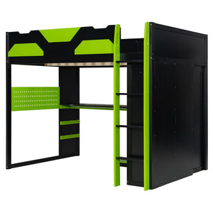 English Elm Full Size Loft Bed with Rgb Lighting Usb Charging Desk Wardrobe and Storage Shelves Green LT000387AAF