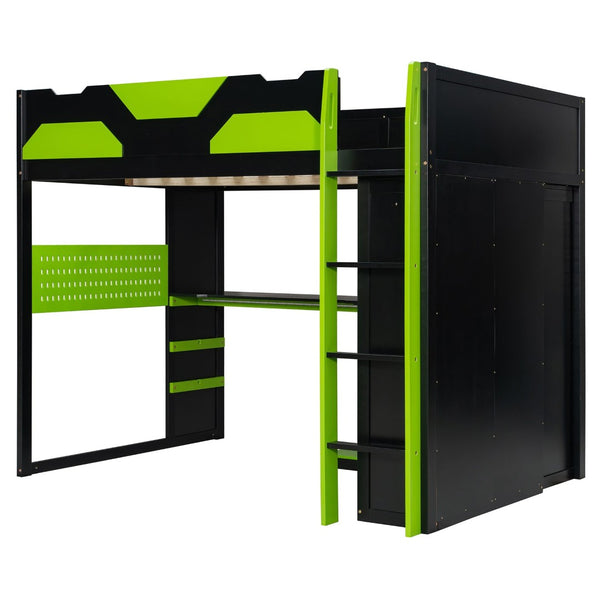 English Elm Full Size Loft Bed with Rgb Lighting Usb Charging Desk Wardrobe and Storage Shelves Green LT000387AAF
