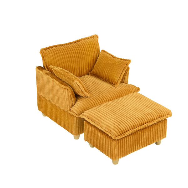 English Elm This single-seat corduroy sofa with ottoman and pillows — compact lounge chair for cozy reading nooks and naps Yellow W1658S00121