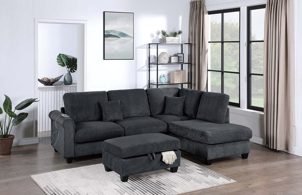 English Elm Contemporary Corduroy Sectional Set with Storage Ottoman and Built-in Usb Port B011S02229