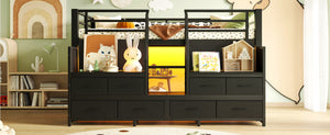 English Elm Twin Low Loft Bed with Shelves Fabric Drawers and Under Bed Study Nook Metal Frame Black W5305S00043