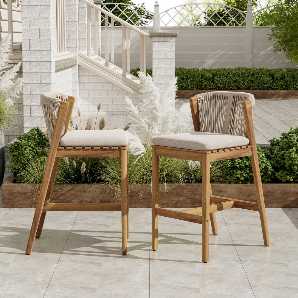 English Elm Christopher Knight Home® - Louie Teak-Finish Outdoor Barstool Set of 2 with Beige Cushions, Rope Back, Weatherproof Acacia Wood N775P301353T