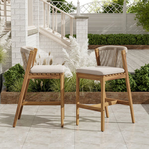 English Elm Christopher Knight Home® - Louie Teak-Finish Outdoor Barstool Set of 2 with Beige Cushions, Rope Back, Weatherproof Acacia Wood N775P301353T