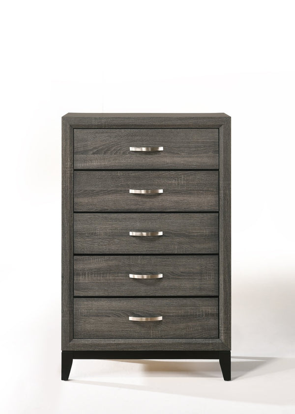 English Elm Weathered Grey Five-Drawer Chest with Rustic Vintage Finish, Smooth Pulls, Generous Storage Space B062P209052