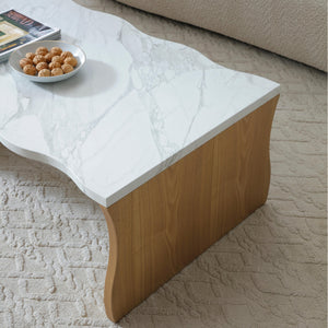English Elm 47.24" Whisper Of Waves Modern Coffee Table - Sculptural Faux Marble Design With Warm Wood Base W2664P346444