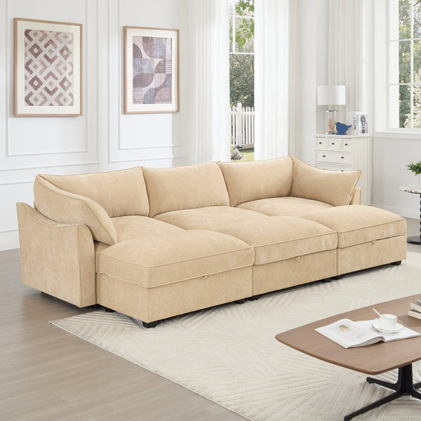 English Elm 3-Seater Sofa Set With Footstools And Pull-Out Drawers, Cozy Chenille Upholstery In Wheat Color W3041S00178