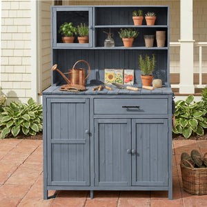 English Elm (with Hutch) Topamx Solid Fir Potting Bench Patio Workstation Spice Rack Drawer Gray N717P404330E